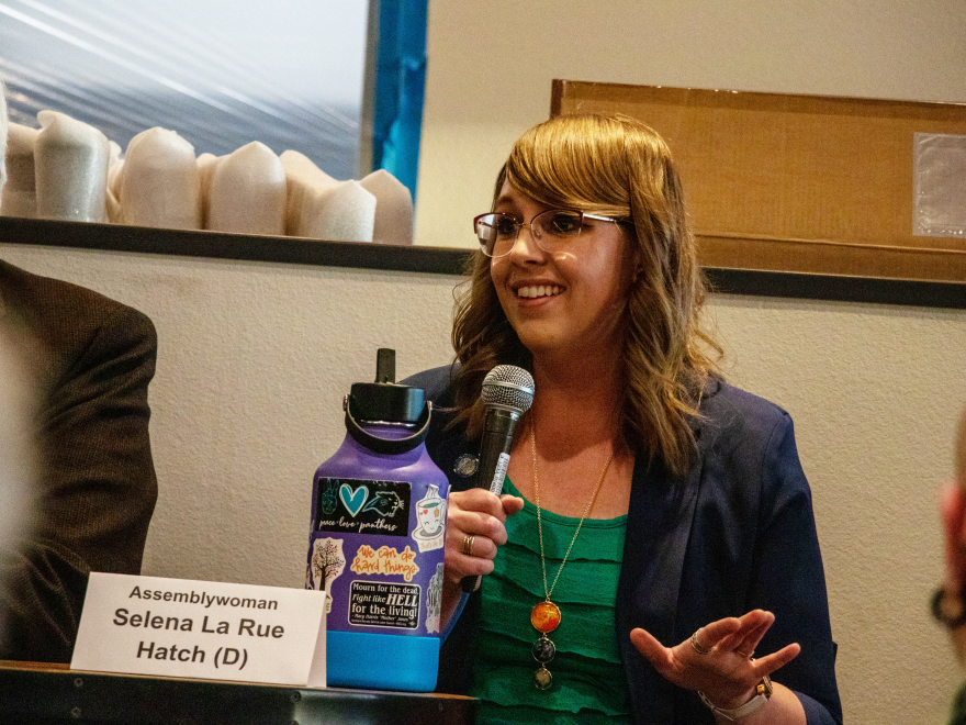 Democratic Assemblymember Selena La Rue Hatch speaks at KUNR’s Pints and Purple Politics event in Sparks, Nevada, on April 26, 2023.