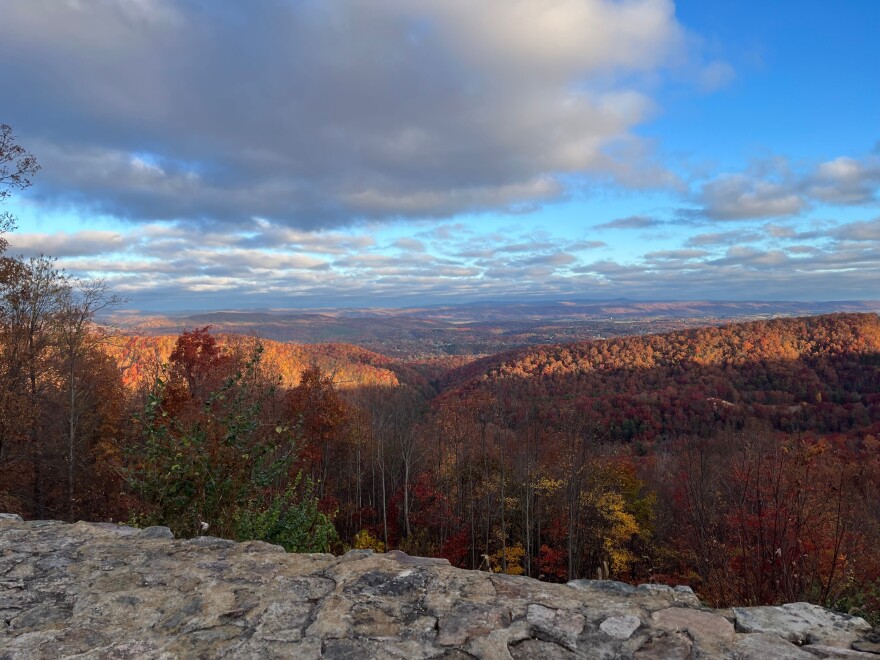 View from Draper Valley overlook outside Pulaski, Virginia. Variety of coloring, including yellow, orange, and red can be seen in trees. Photo taken Oct. 27, 2022.