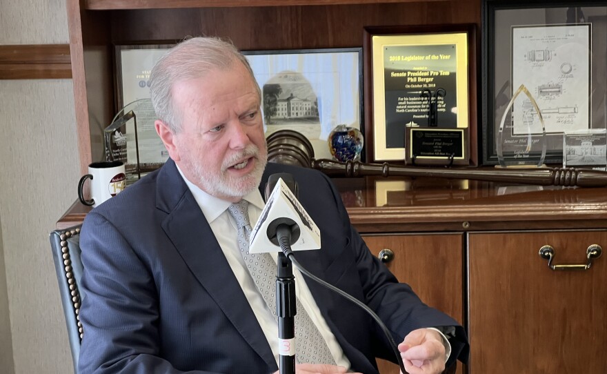 Due South co-host Jeff Tiberii talks with NC Senate Leader Phil Berger in his office at the state legislature.