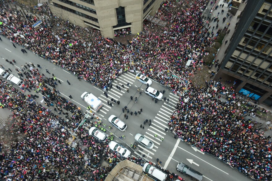 Thousands of participants converge on Dag Hammarskjold Plaza and Second Avenue during the women's march in New York City.