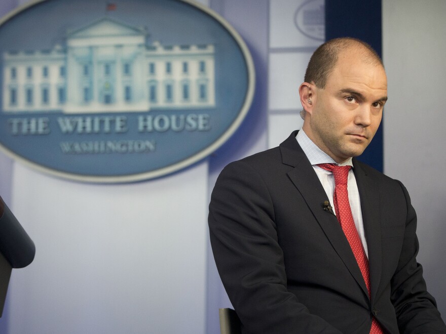 Rhodes attends an interview with CNN in the Brady Press Briefing Room of the White House on April 7, 2015.