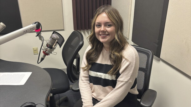 Aleigha Marburger at the mic in NPR Illinois Studio F