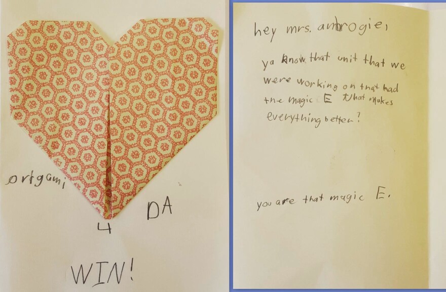 A handmade valentine from a student was magic for Laura Ambrogi, a reading specialist.