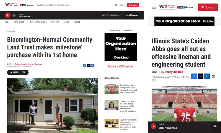 Screenshots show how underwriter web ads display on WGLT.org