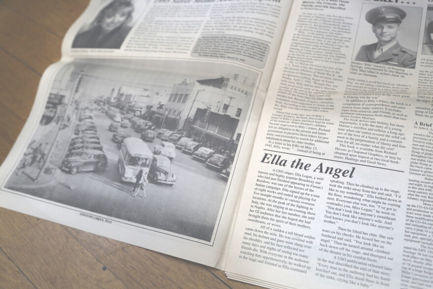 A reprint of a 1941 newspaper shows a photo of Downtown Lubbock beside an article about a USO performer.