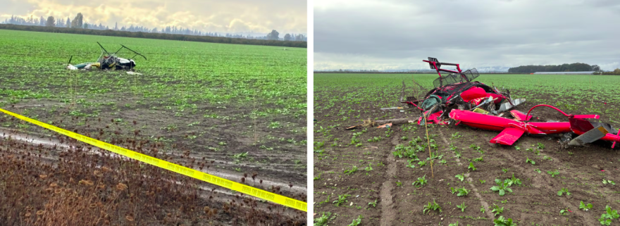 First image: A fallen helicopter near McMinnville, Ore., on Oct. 29, 2026. Second image: Three people were killed following a midair collision between two helicopters Thursday afternoon.