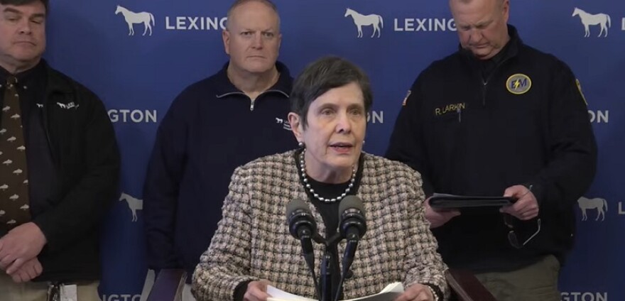 Lexington Mayor Linda Gorton flanked by other officials giving an update on the city's storm recovery