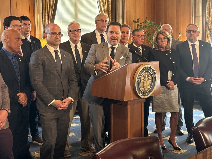 State Senate Minority Leader Rob Ortt, seen here with other GOP lawmakers, has introduced a bill to unlock matching funds for candidate Bruce Blakeman.