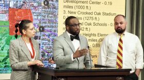 Rep. Jason Lowe, D-Oklahoma City, speaks on Wednesday at a state Capitol press conference on the future of the Oklahoma County jail with Del City Councilperson Claudia Browne, left, and local organizer Jess Eddy, right.