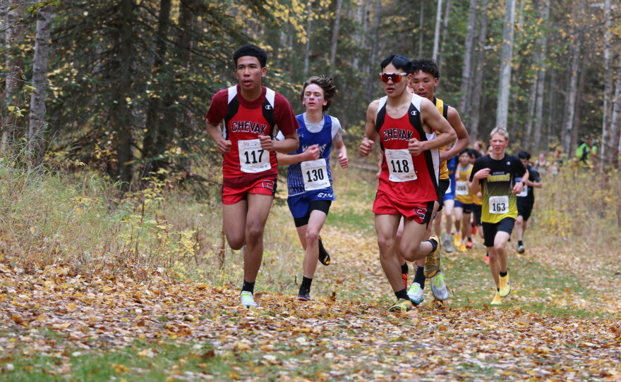 Runners compete at the ASAA cross-country running state championships in Anchorage on Oct. 3, 2026.