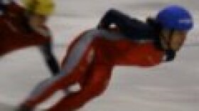 Apolo Ohno leads the way in the Men's 1000 Meter Quarterfinal at the Berry Events Center last night.