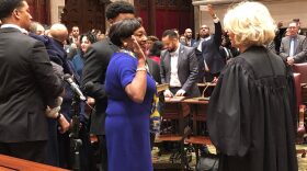 New York’s Lieutenant Governor Kathy Hochul, in her role as Senate President, was the first to introduce new Senate Leader Andrea Stewart-Cousins, in her groundbreaking role as the first woman and African American woman leader of the state Senate in the body’s 241 years . Photo by Karen DeWitt.