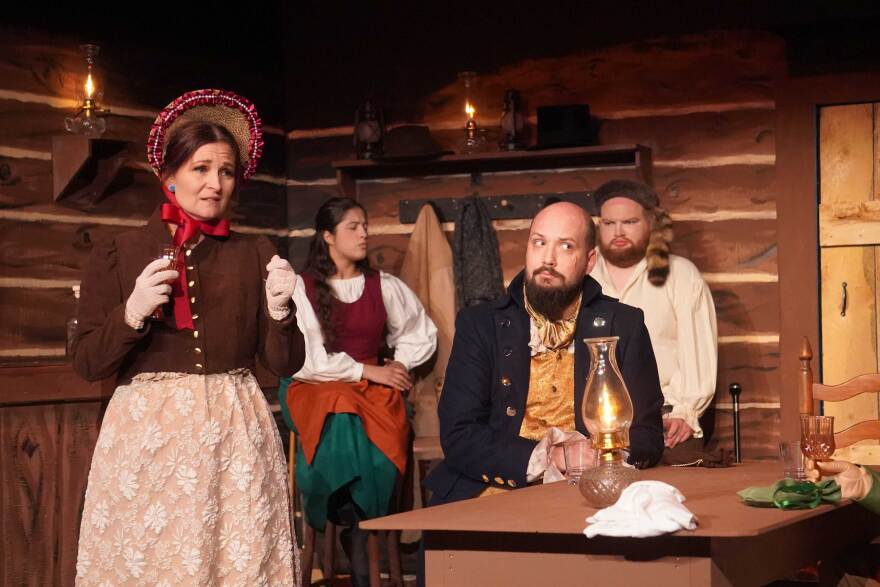Robyn Chai, left, and the cast of "Murder at the Black Dog Tavern" rehearse at the Kenai Performers' theater near Soldotna, Alaska, on Monday, July 27, 2026.
