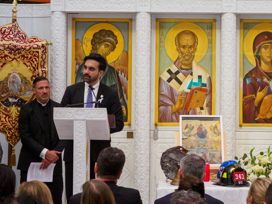 New York City Mayor Zohran Mamdani gives remarks at the St. Nicholas Greek Orthodox Church and Shrine. 