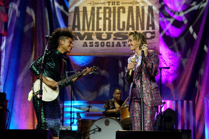 Allison Russell and Brandi Carlile, performing "You Are Not Alone" at the 21st Americana Honors and Awards. The artists won album and song of the year respectively.