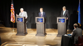 Oz Griebel, Ned Lamont and Bob Stefanowski at their debate Oct. 18, 2018 in Infinity Music Hall in Hartford.