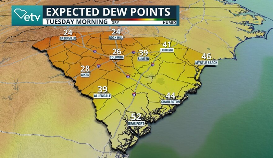 Forecast dew points on Tuesday.