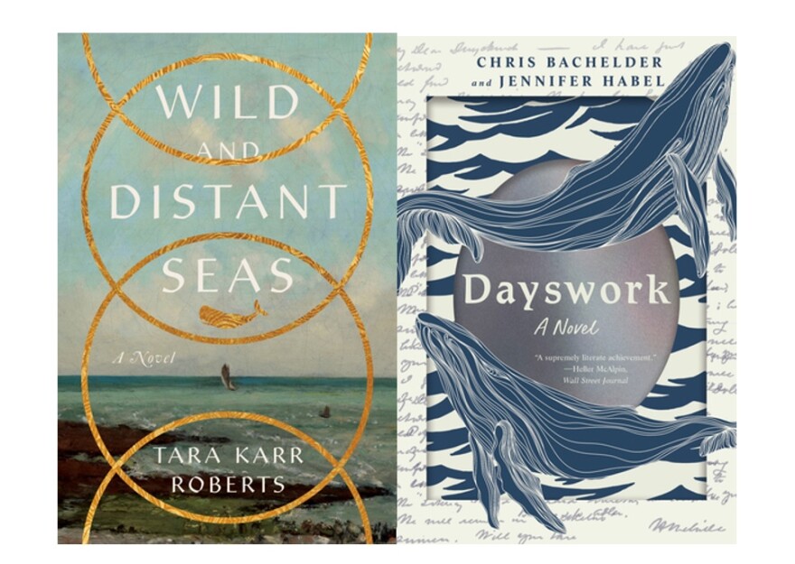 The book covers of two novels that both draw from "Moby-Dick," by Herman Melville. 