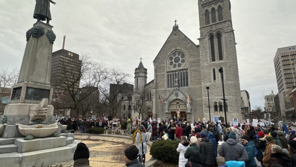 Hundreds fill Columbus Circle Monday afternoon Jan. 12, 2026.