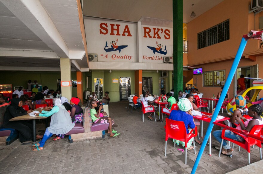 The outdoor eating area at Shark's.