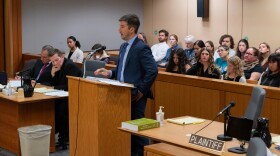 Our Children's Trust attorney Andrew Welle argues that the Alaska Constitution protects the right to a livable climate in an Anchorage courtroom on Oct. 15, 2024.