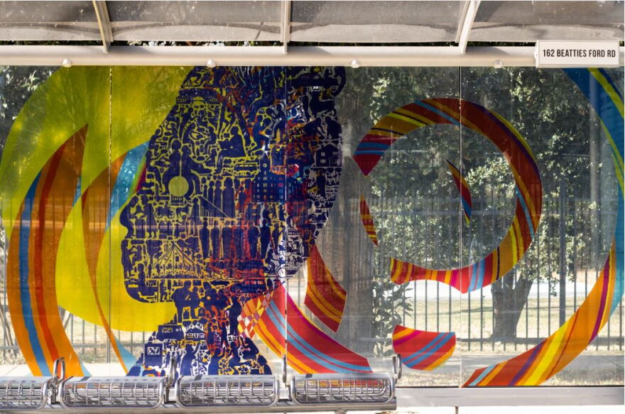 Artwork at the Johnson C. Smith University gold line stop just north of Five Points Plaza