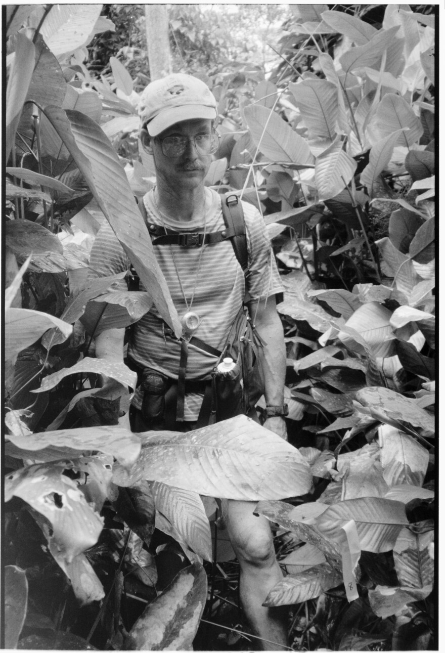 Science writer David Quammen treks through the jungle in the Republic of the Congo while traveling on the Megatransect Expedition in 2012.