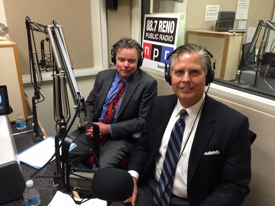 University of Nevada, Reno Provost Kevin Carman (left) and Business Dean Greg Mosier in the KUNR studios. December 2015.