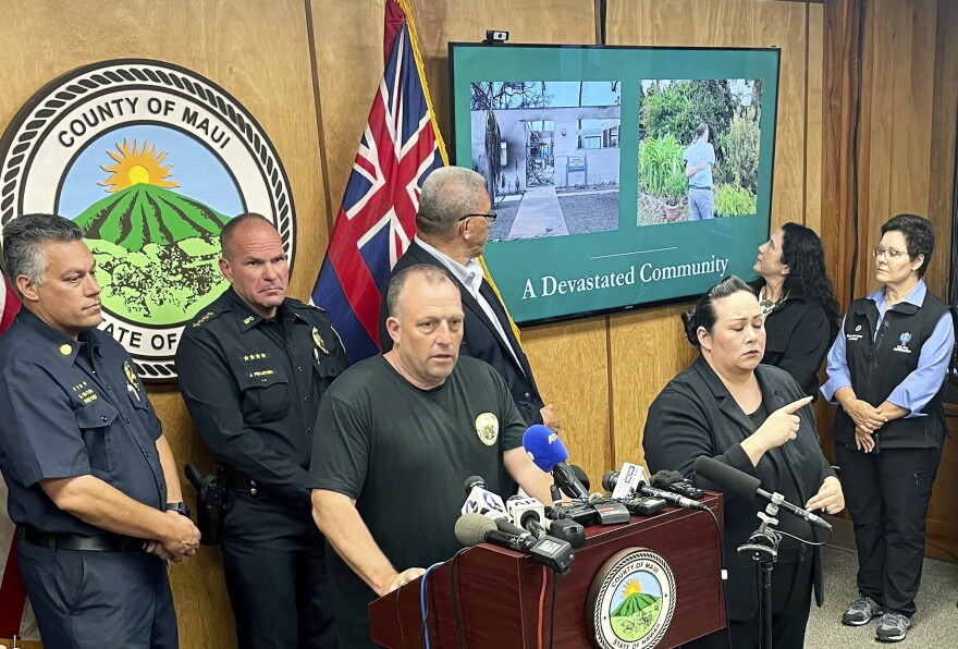 Gov. Josh Green speaks about the recent wildfires during a press conference on Saturday, Aug. 12, 2023, in Maui, Hawaiʻi. 
