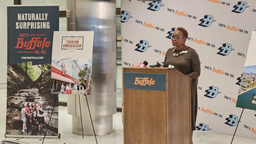 Renata Toney, Visit Buffalo vice president of Destination Experience, addresses media at the Buffalo convention center