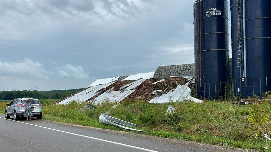  A tornado that touched down in southern Wyoming County on 7/28/22 caused heavy damage to a barn and also damaged some other buildings, trees and powerlines.