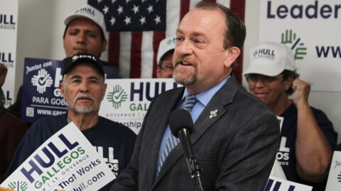 Republican gubernatorial nominee Gregg Hull introduces his plan for phasing out state income tax for all New Mexicans during a news conference in Albuquerque, N.M., on Oct. 5, 2026.