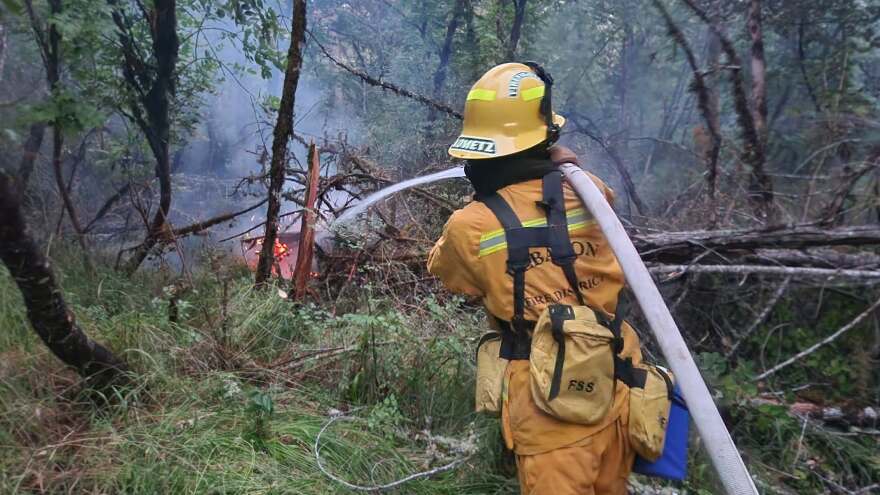 A Lebanon Fire District firefighter on the scene of a fire in a wooded area along the South Santiam River on July 13, 2026.