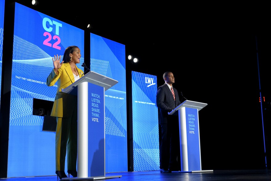 Incumbent Jahana Hayes (left) and Republican challenger George Logan appear for the Fifth Congressional District debate at Central Connecticut State University.