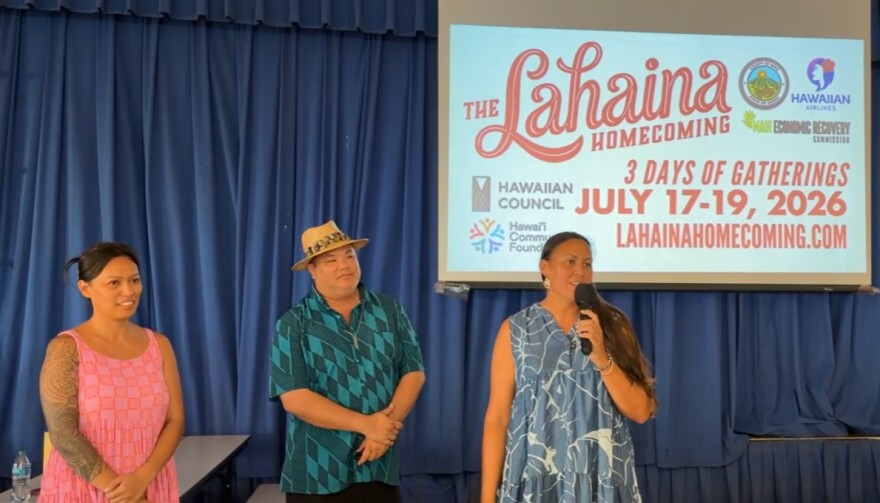 Left to right, Economic Recovery Commission Healing Journey Team members Courtney Lazo, Daryl Fujiwara and Mikey Burke, of Lahaina, share details about Lahaina Homecoming at a July 1 community meeting.