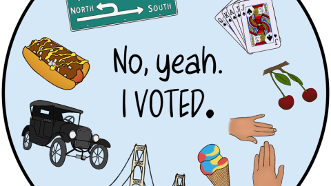 A circular illustration features the words “No, yeah. I VOTED.” surrounded by Michigan-themed imagery: a Michigan-left road sign, a Petoskey stone, playing cards, cherries, a hand map, Superman ice cream, the Mackinac Bridge, an antique car, and a coney dog.