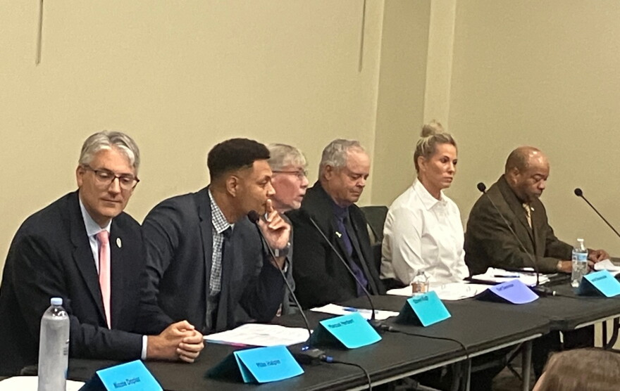 Political candidates who spoke at the Oct. 13, 2026 forum at the King Center, Rock Island, included (L-R) Mike Halpin, Marcus Herbert, Steven Rugh, Dan Swanson, Jamie Shoemaker and Kermit Thomas.