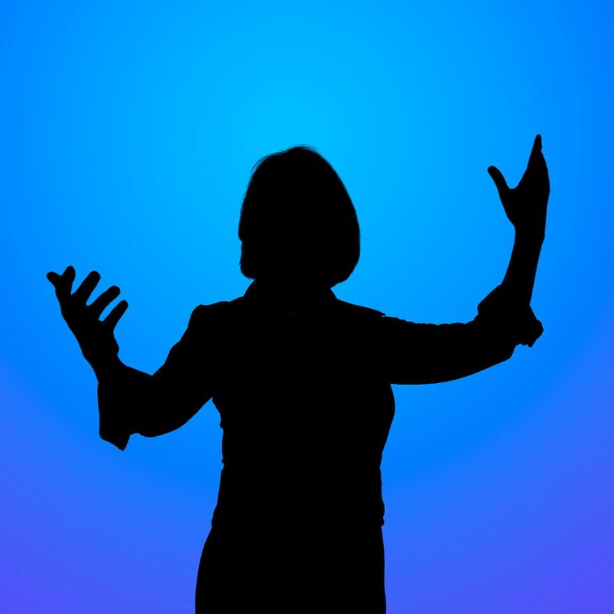 Battle Creek Symphony music director Anne Harrigan in silhouette