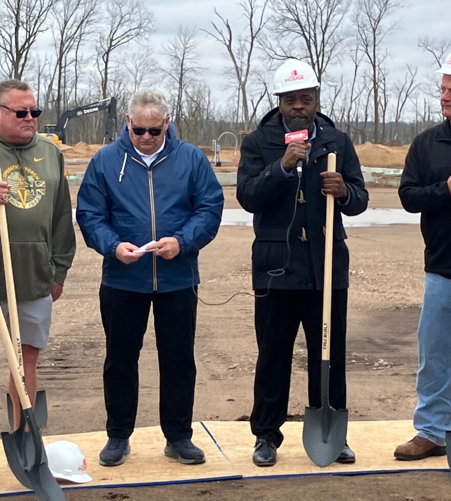 Rock Island Mayor Ashley Harris spoke at Wednesday's groundbreaking, flanked by Matt Stern, left, and 2nd Ward Ald. Randy Hurt.