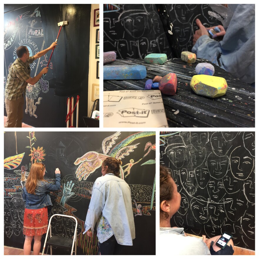 (From l to r) Frog Hollow director Rob Hunter takes a floor mop to the interactive mural designs to make way for a new one; chalk pieces used to create mural; artist Tara Goreau pauses during drawing session; a young artist joins Goreau.