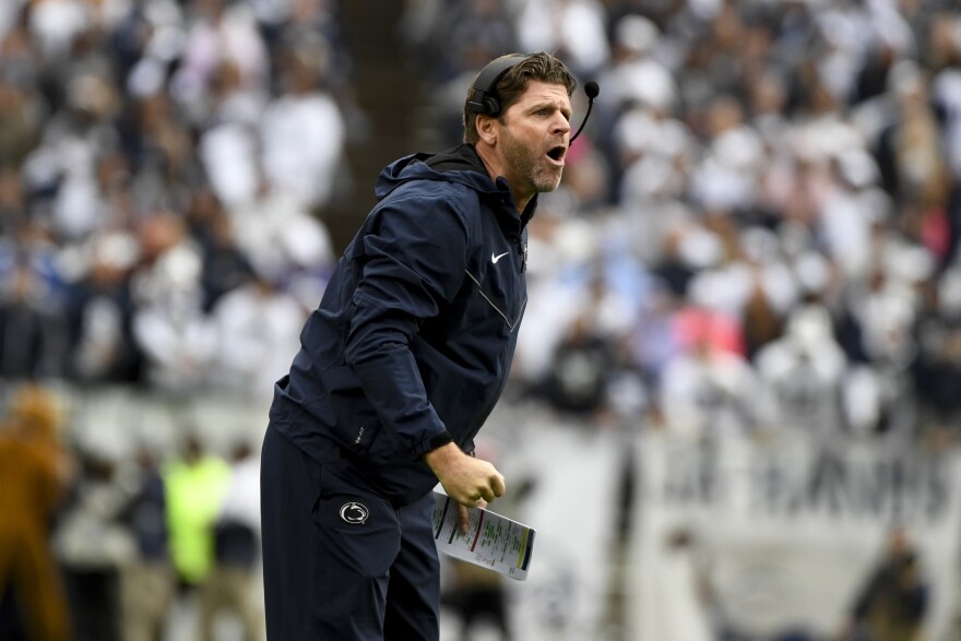 FILE - Penn State defensive coordinator Brent Pry coaches against Illinois during an NCAA college football game in State College, Pa. on Saturday, Oct. 23, 2021.