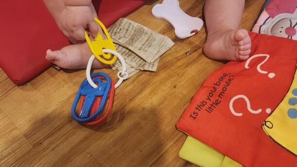 The hands and feet of a baby are pictured - the baby clutches a colorful set of large, fake plastic keys and sits on a red mat. Next to the baby, a fabric book sits on the floor. The book reads "Is this your bone, little mouse?"