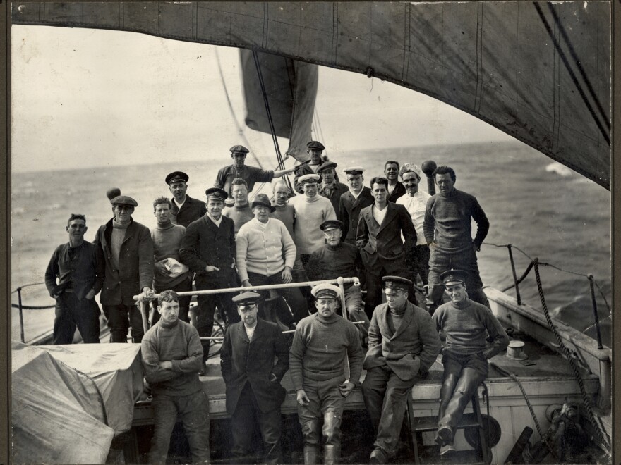 The crew poses on the deck of the Endurance on Feb. 7, 1915.