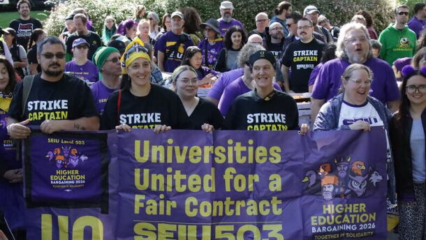 SEIU workers at the University of Oregon in Eugene celebrate reaching a tentative agreement on a new labor contract, Monday, Sept. 28, 2026.