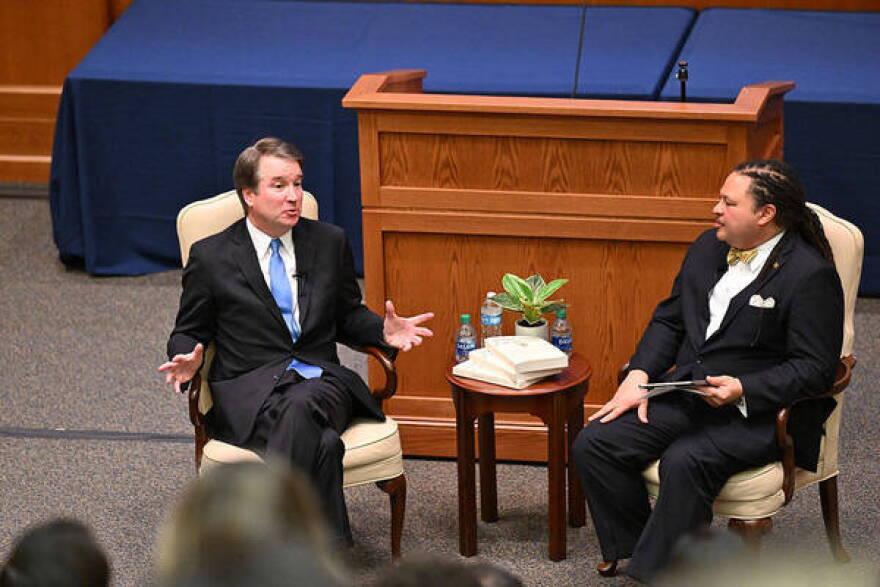 U.S. Supreme Court Justice Brett Kavanaugh, left, with Notre Dame Law School Dean G. Marcus Cole in 2023.