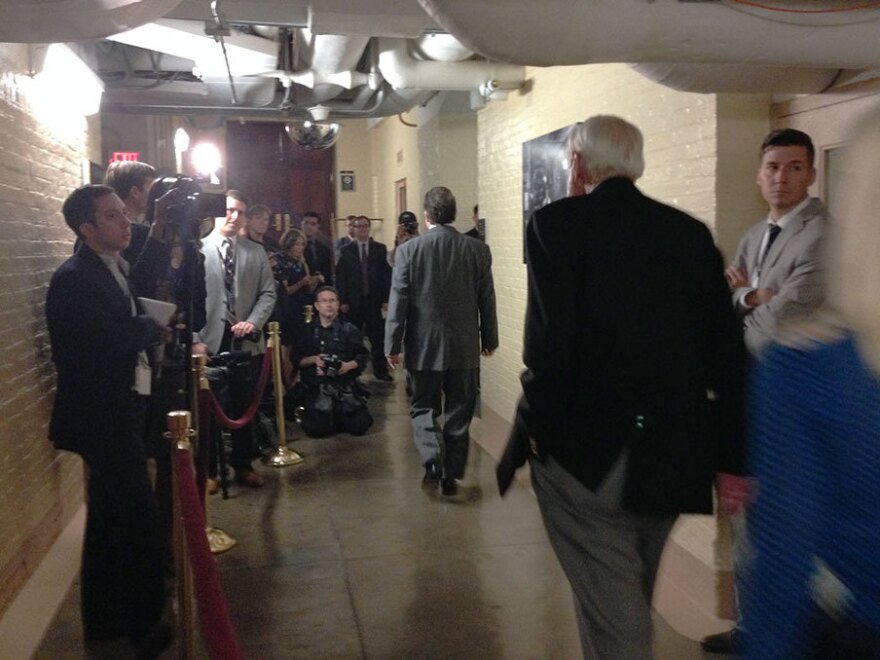 Members of the media wait outside a room in the basement of the Capitol Building in Washington, D.C., on Saturday, where House Republicans met in a closed session.
