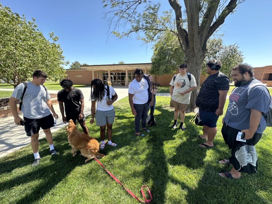 New students at Garden City Community College pet Aspen the comfort dog during fall semester orientation Aug. 18, 2024. Community colleges across Kansas are reporting increased numbers of students living on campus.