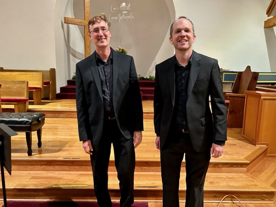 Professors of Music and Bach Week co-directors David Arrivee (left) and Scott Glysson (right) after the final concert at First Presbyterian Church.