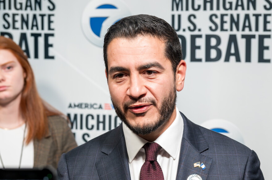 Democratic U.S. Senate nominee Abdul El-Sayed speaks to reporters after a debate against Mike Rogers at the WXYZ-TV studios in Southfield on October 21, 2026.