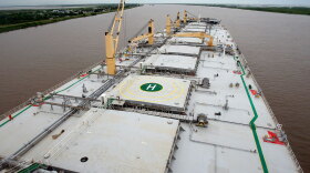 The deck of the A Whale skimmer, a vessel some 350 yards long, is seen from its bridge while anchored on the Mississippi River in Boothville, La., Wednesday.